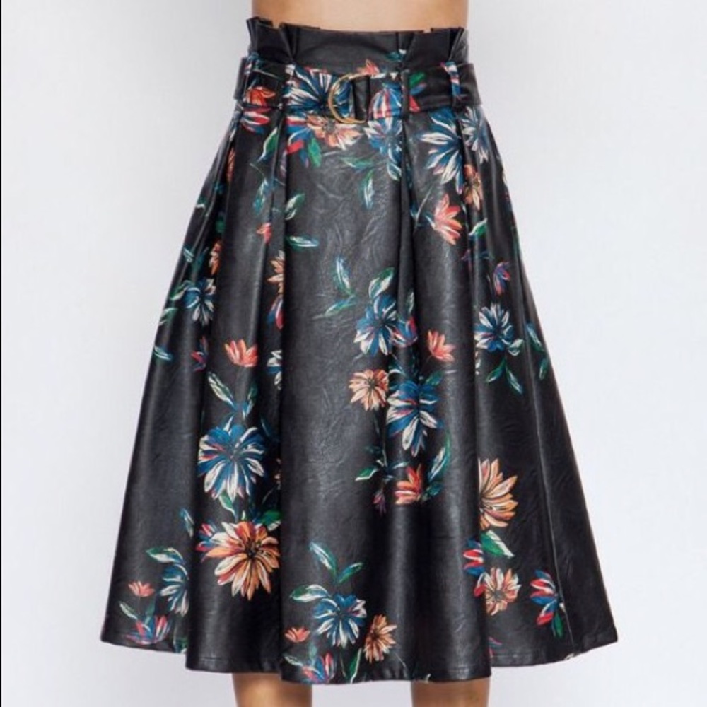Leather Type Floral Print Skirt